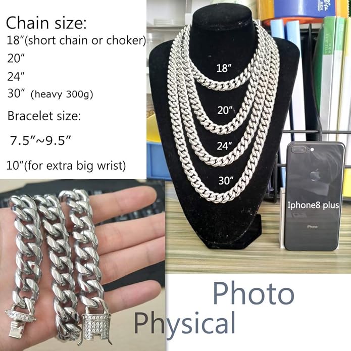 Jxlepe Mens Miami Cuban Link Chain White 15mm Stainless Steel Curb Necklace with cz Diamond Chain Choker