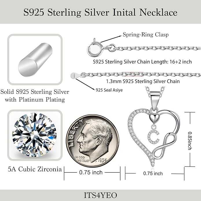 Valentines Day Gifts for Women Hers, Dainty 925 Sterling Silver Infinity Heart Initial Necklace, Letter A-Z Zircon Pendant, Jewelry Gift for Wife