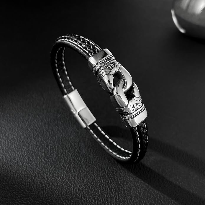 Italian Handmade Genuine Leather Bracelets for Men Stainless Steel Clip, Men's Casual Genuine Multi-layer Cuff Bracelet, Bracelet Gift for Real Men