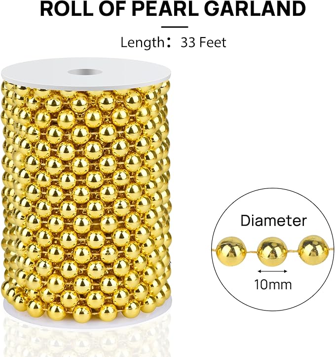 ZJJZGYXINTAI Craft String Pearls 10MM Pearl Bead, 33Feet Gold Faux Pearl Garland Spool Roll Strand Wedding Party Decoration, Christmas Tree Decorations