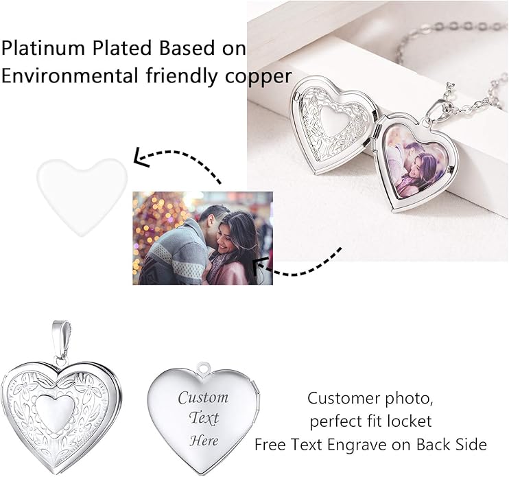 U7 Women Locket Necklace Platinum 14K Gold Photo Lockets that Hold Picture,Chain 20 Inch Personalized Gift Custom Love Heart Image Necklaces