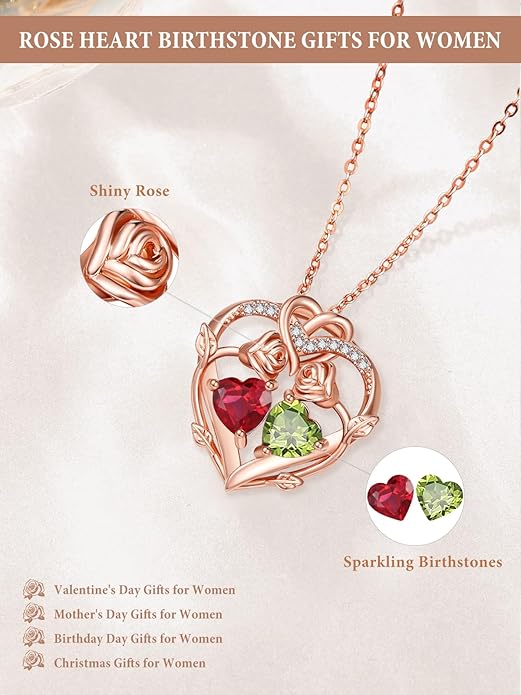 Rose Gold Necklaces for Women Double Birthstone Rose Flower Heart Pendant Necklace Jewelry Anniversary Christmas Valentine's Mother's Day Birthday Gift for Wife Mom Her Girlfriend Sister