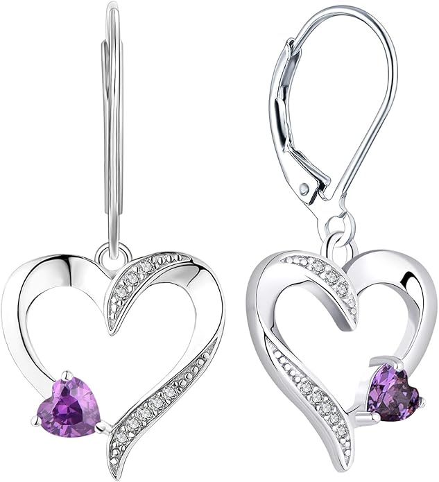 YL Heart Dangle Earrings 925 Sterling Silver Drop Earrings Birthstone Leverback Jewelry for Women