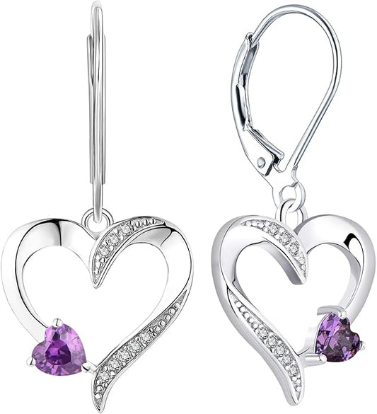 YL Heart Dangle Earrings 925 Sterling Silver Drop Earrings Birthstone Leverback Jewelry for Women