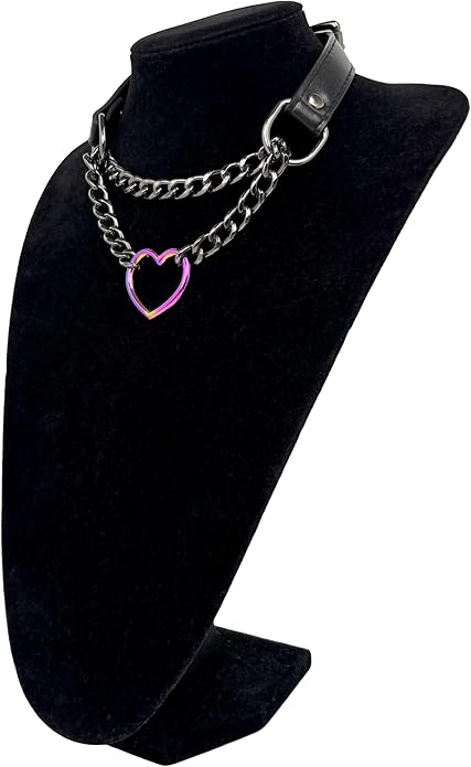 Black Leather Choker Collar For Women, Handmade Heart Slip Chain Choker Long Necklace with Adjustable Buckle