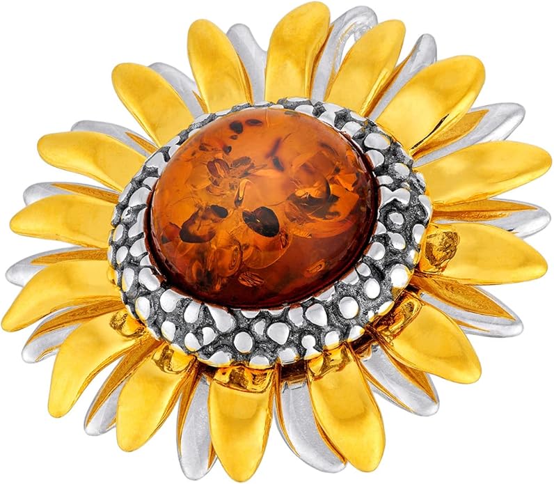 AMBEDORA Women’s Brooch, Polished Sterling Silver, Oxidised and Gilded, Round Baltic Amber in Cognac Colour, Sunflower Brooch with Pendant Function