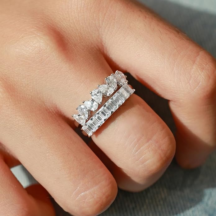 AGVANA 1.2 Ct. Tw. Emerald-Cut Lab Grown Diamond Ladies Eternity Wedding Bands in Sterling Silver Engagement Promise Wedding Anniversary Stackable Band Ring for Women (D-E Color, VS Clarity), Size 5-9