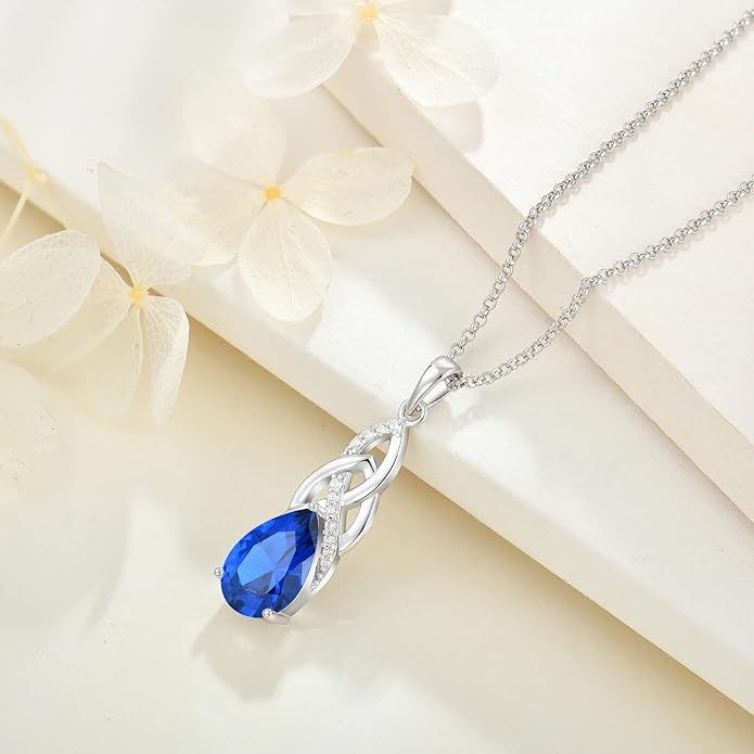 JO WISDOM Celtic Knot Infinity Jewelry Set for Women 925 Sterling Silver Sapphire Dangle Drop Leverback Earrings September Birthstone Necklace Pendant Gemstone Jewelry