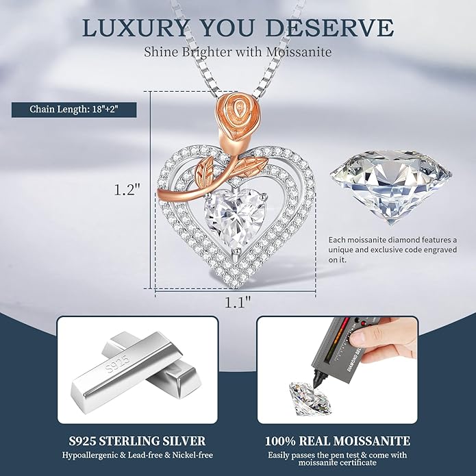 Moissanite Heart Necklaces for Women, 18K White Gold Plated 925 Sterling Silver 1-3CT Moissanite Pendant Jewelry Wedding Anniversary Birthday Christmas Gifts for Wife Mom Girlfriend Sister Grandma