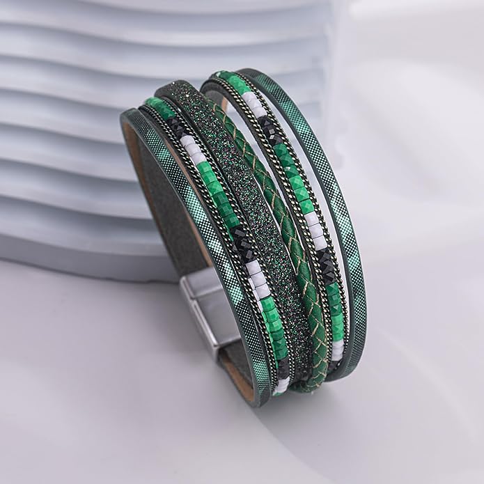 FANCY SHINY Boho Leather Wrap Bracelets Trendy Layered Bracelets with Magnetic Clasp Strackable Bohemian Jewelry Gifts for Women