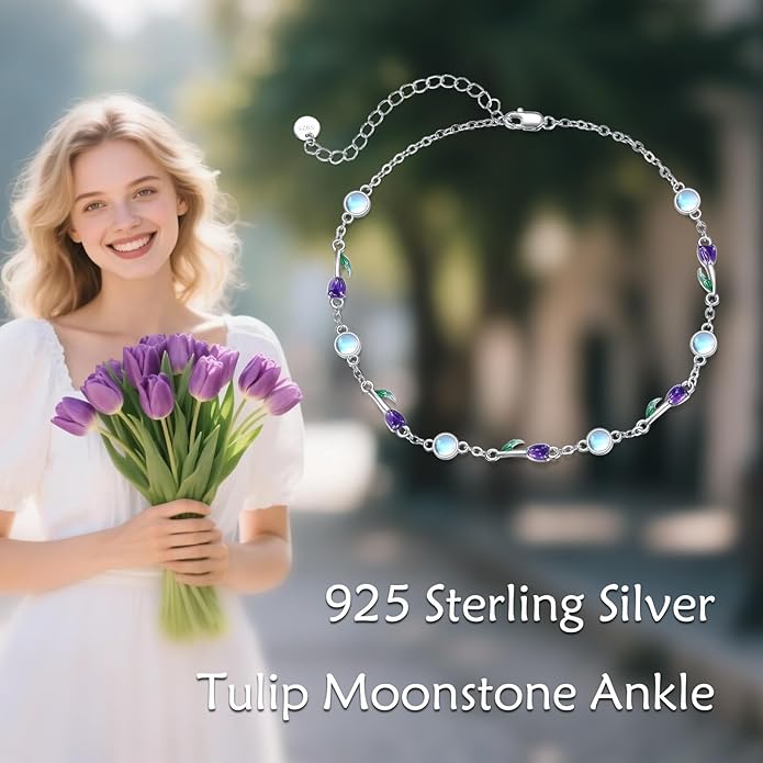 CRMAD 925 Sterling Silver Daisy/Sunflower Moonstone Anklet Daisy Flower Ankle Bracelet for Women Beach Dainty Jewelry
