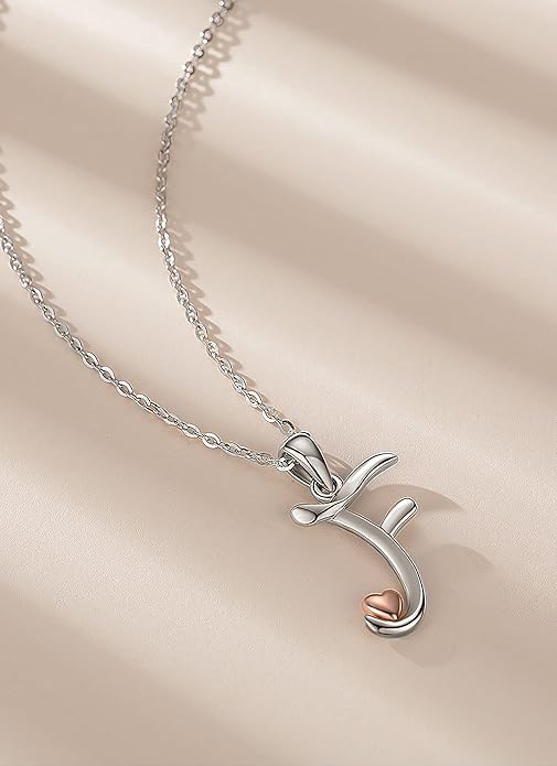 CELESTIA 925 Sterling Silver Initial Necklaces 26 Letter with Rose Gold Heart - 18 Inch Chain