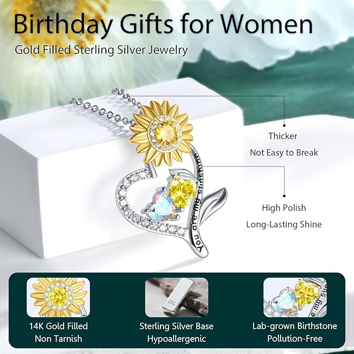 PERJI Valentine's Day Gifts for Women - 925 Sterling Silver Double Birthstone Sunflower Necklace, Anniversary Birthday Jewelry You are My Sunshine Gifts for Wife Couple Girlfriend 18"+2" Non Tarnish