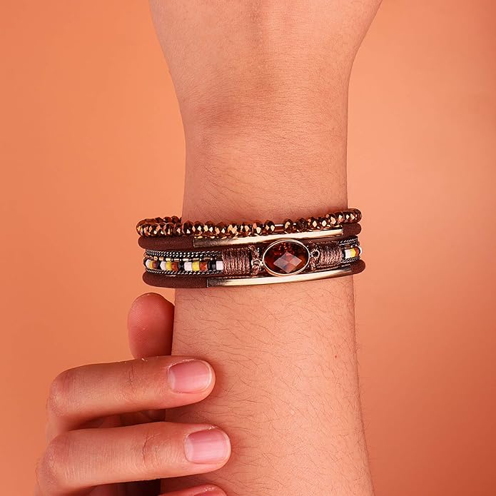 FANCY SHINY Leather Wrap Bracelets Crystal Beads Bracelet Boho Cuff Stone Charm Bracelets with Clasp Costume Jewelry for Women