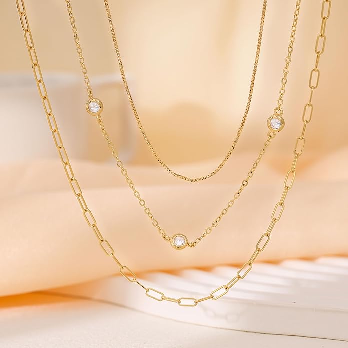 Layered Necklaces for Women, Dainty Gold Necklace Stack 14k Gold Plated Layering Cubic Zirconia Choker Necklaces for Women Trendy Simple Layered Gold Necklace Set Fashion Jewelry