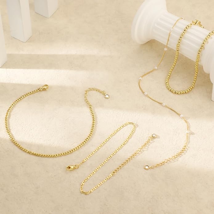 Gold Ankle Bracelets for women,14k Gold/Silver Plated Waterproof Layered lightweight Cuban Link Figaro Chain Heart anklet butterfly anklet Pearl Ankle Bracelets Set Gold Anklets for women Trendy Jewelry Gift for Women