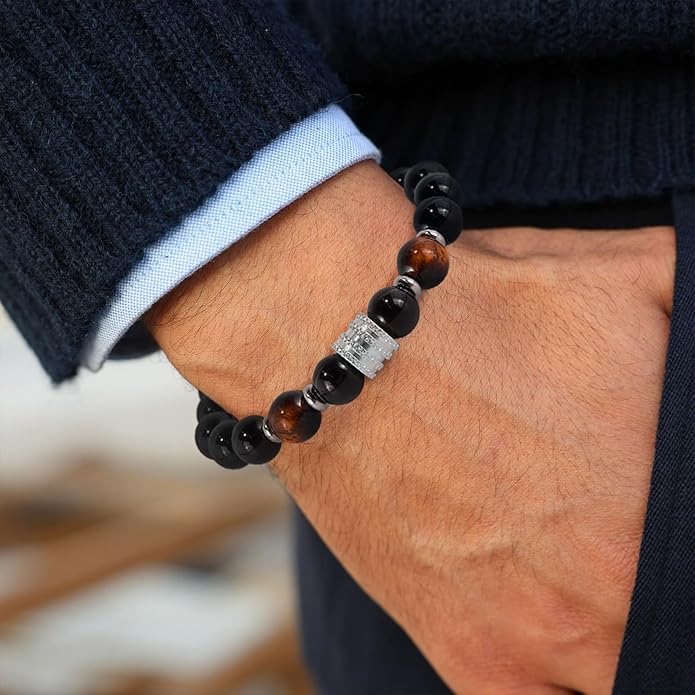 Hamoery Bracelets for Men Natural Tiger Eye Stone Beads Braided Rope Bracelet Gift for Dad Husband