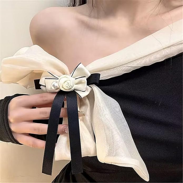 Vintage Camellia Pearls Brooch for Women, Ribbon Bows Tie Pin Elegant Preppy Uniform Pre Tied Bowknot Corsage Shirt Jabot Collar Necktie