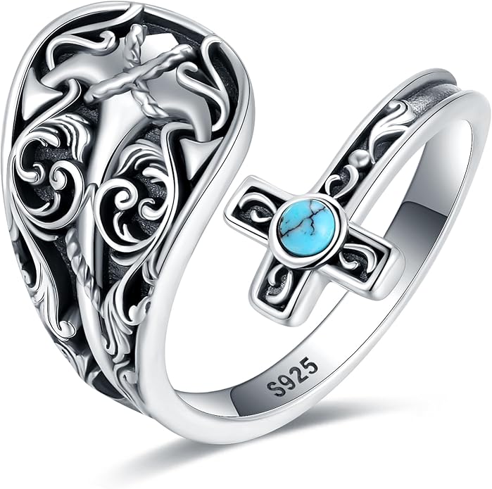 S925-Sterling-Silver Abalone Dragonfly-Turquoise Spoon Ring - Vintage Boho Sunflower Thumb Oxidized Wrap Rings Victorian Style Antique Floral Jewelry Gifts for Women
