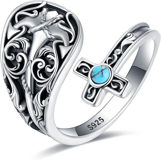 S925-Sterling-Silver Abalone Dragonfly-Turquoise Spoon Ring - Vintage Boho Sunflower Thumb Oxidized Wrap Rings Victorian Style Antique Floral Jewelry Gifts for Women