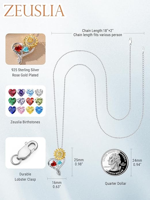Zeuslia Double Birthstone Necklace Gifts for Wife - 925 Sterling Silver Sunflower/Rose/Crown Cross/Compass/Heart Pendant I Love You Necklace, Anniversary Birthday Gifts for Wife Girlfriend Mom Her