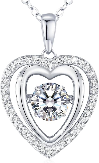 LAVUMO Moissanite Heart Necklace for Women, Dancing Moissanite Pendant 925 Sterling Silver Diamond Necklace Valentines Birthday Anniversary Christmas Jewelry Gifts for Her Girlfriend Wife Mom