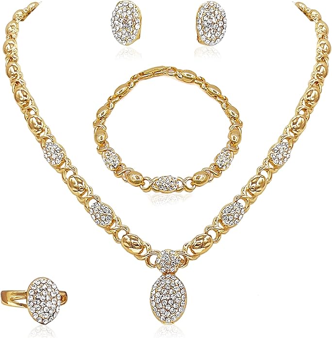 Gold Jewelry Sets for Women 18K Gold/Silver Filled Jewelry Necklace Set Wedding Bridal Fashion Jewelry Sets Women Accessories Bracelets Earrings and Rings Sweetheart Gifts
