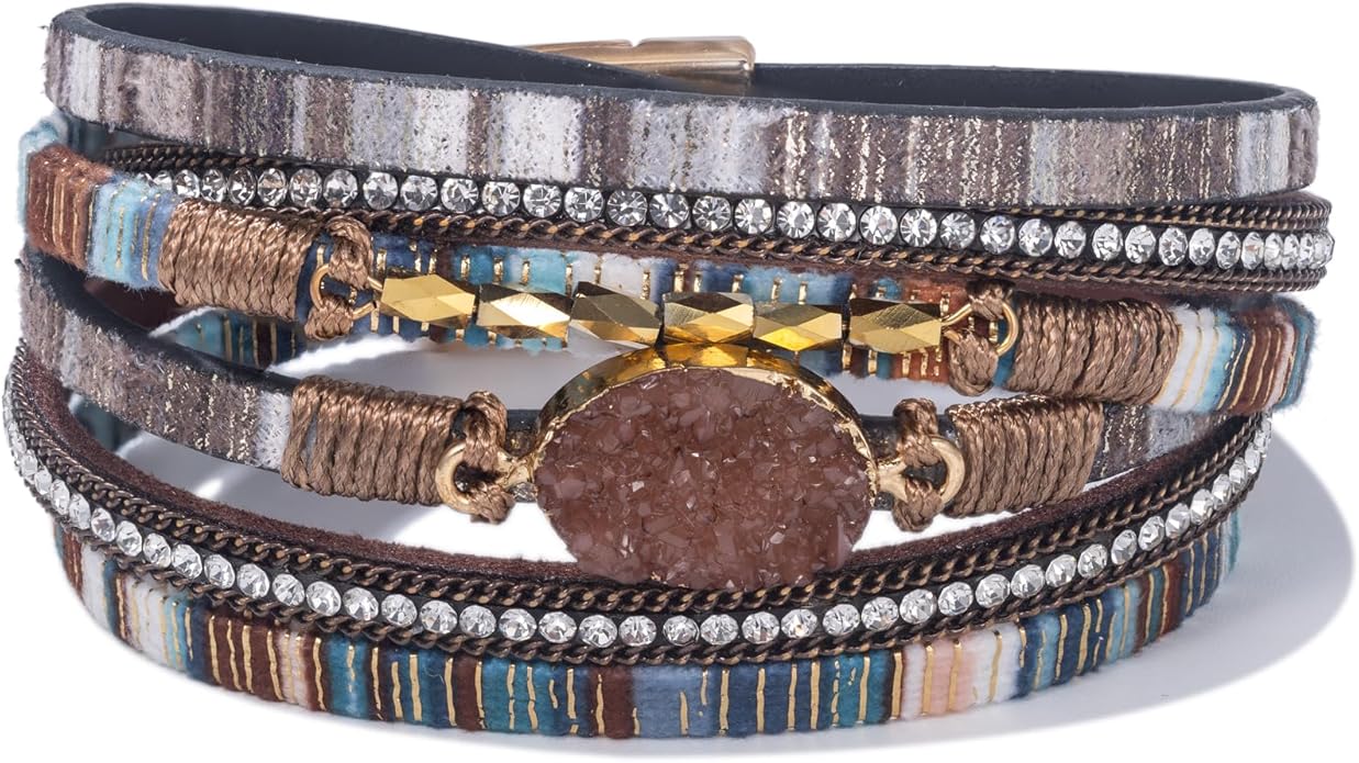 FANCY SHINY Leather Wrap Bracelet Boho Cuff Bangle Bracelets Crystal Bead Bracelet with Magnetic Clasp Jewelry Gifts for Women