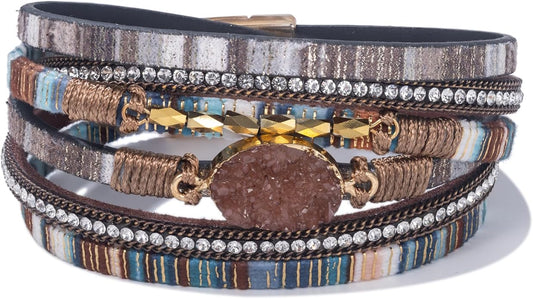 FANCY SHINY Leather Wrap Bracelet Boho Cuff Bangle Bracelets Crystal Bead Bracelet with Magnetic Clasp Jewelry Gifts for Women