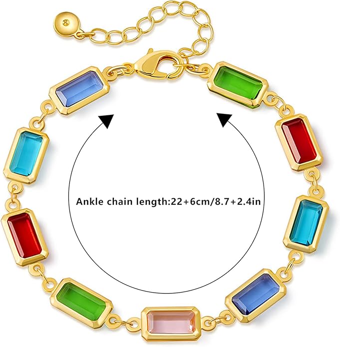 18K Gold Plated Anklet for Women Multicolor Crystal Ankle Bracelets Boho Adjustable Chain Anklets
