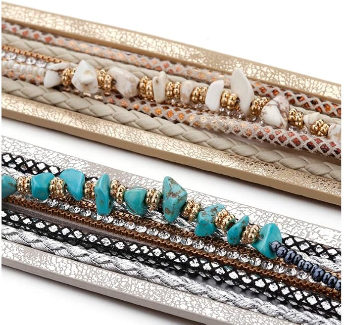 Fesciory Leather Wrap Bracelets for Women, Boho Leopard Multi-Layer Crystal Beads Cuff Bracelet Jewelry