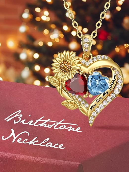 Sunflower Heart Necklace for Women 14K Gold Exquisite Anniversary Birthday Gifts for Wife Mother Her Double Birthstone Pendant jewelry‘You Are My Sunshine’