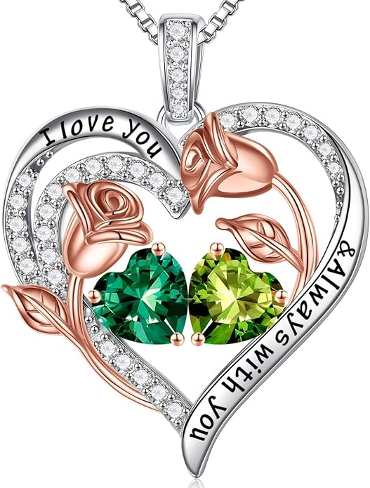 Iefil Birthstone Necklace for Women - 925 Sterling Silver Rose Heart Birthstone Necklace Birthday Anniversary Jewelry Gifts for Her Wife Mom Daughter