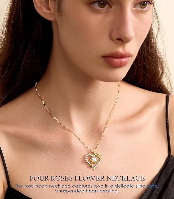 Beam & Bask Rose Flower Love Heart Necklace for Wife, 2-3 Carat Moissanite Women's Pendant, Sterling Silver Plated with 18K Gold, Anniversary Birthday Wedding Jewelry for Girlfriend Soulmate Her