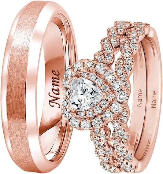Rikelus Moissanite Engagement Ring Sets for Couples,10K 14K 18K Solid Gold Heart/Princess/Round Cut Bridal Ring Sets,Customized Matching Wedding Bands Set for Men and Women Free Engraving