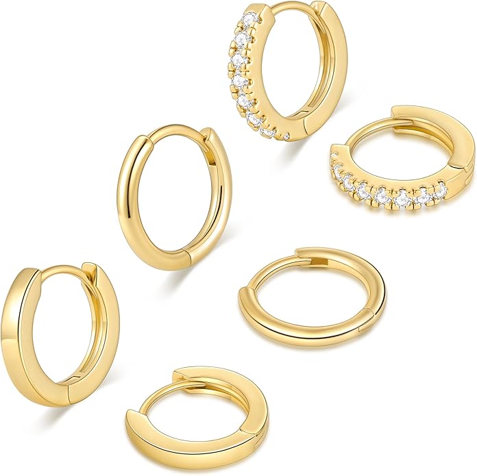 micuco 3 Pairs Small Hoop Earrings Set for Women, 14K Gold Plated Huggie Hoop Earrings for Men, Tiny Cartilage Hypoallergenic Earring Set