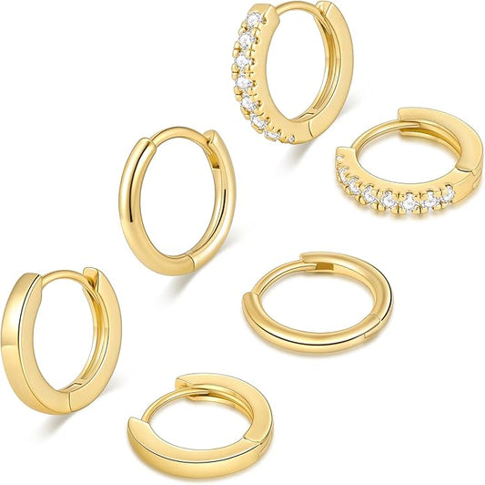 micuco 3 Pairs Small Hoop Earrings Set for Women, 14K Gold Plated Huggie Hoop Earrings for Men, Tiny Cartilage Hypoallergenic Earring Set