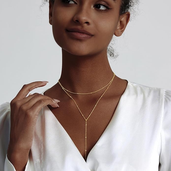 Lariat Gold Necklace for Women, Dainty Long Necklace 14k Gold Plated/Silver Y-Shaped Layered Beaded Chain Drop Necklaces for Women Trendy Simple Gold Jewelry for Women Gifts