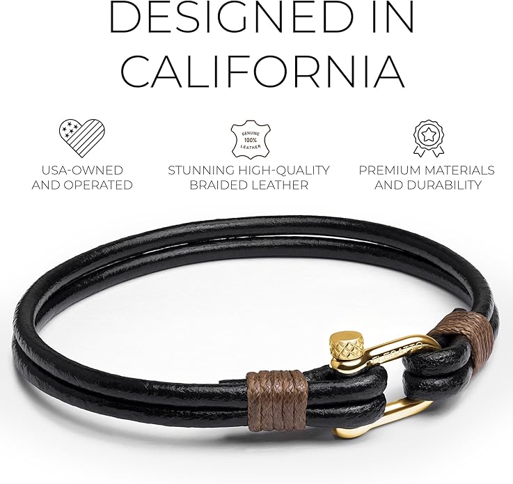 Elegatto Helix Premium Vintage Leather Bracelet for Men | Double Black Leather Strands with Sterling Silver Polished Mini Shackle Closure | Men’s Designer Jewelry