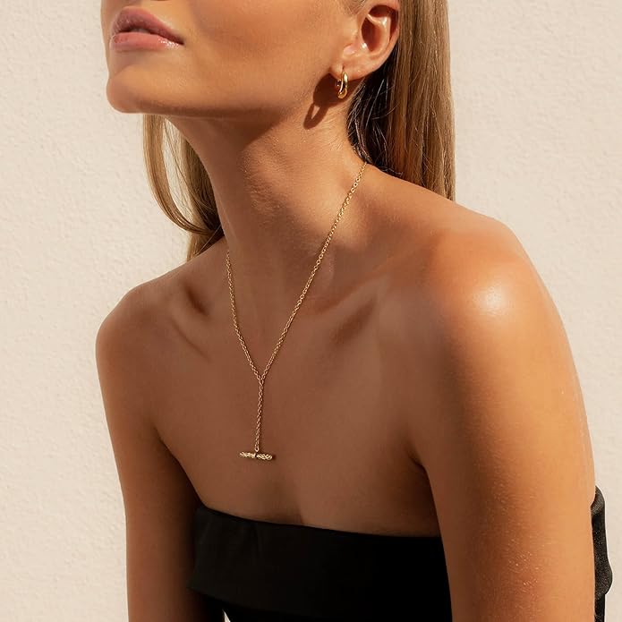 Lariat Necklaces for Women - Dainty Long Necklace Trendy 14K Gold Plated Hypoallergenic Layered Long Y-Shape Sunburst CZ T-Bar Pendant Drop Chain Necklace Set for Women Non Tarinsh Jewelry Gift