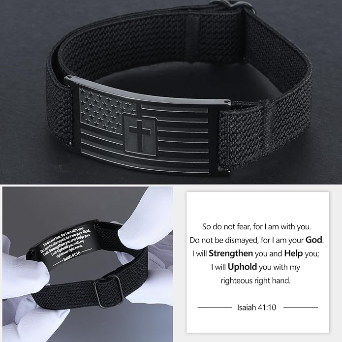 LDOWWGL Valentines Day Gifts - Mens Bracelet - American Flag Christian Cross Bracelet for Boys - Adjustable Black Elastic Stretch Strap with Bible Verse - Gift for Son Grandson