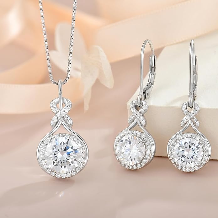 Birthstone Infinity Jewlery Set for Women, 925 Sterling Silver Necklaces and Earrings Halo Jewelry Gift for Birthday Anniversary