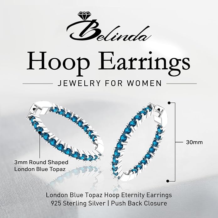 Hoop Earrings with 40 Colored Gemstones, Birthstone Earrings, 925 Sterling Silver Rhodium Plated, Push Back Closure, 1.18'