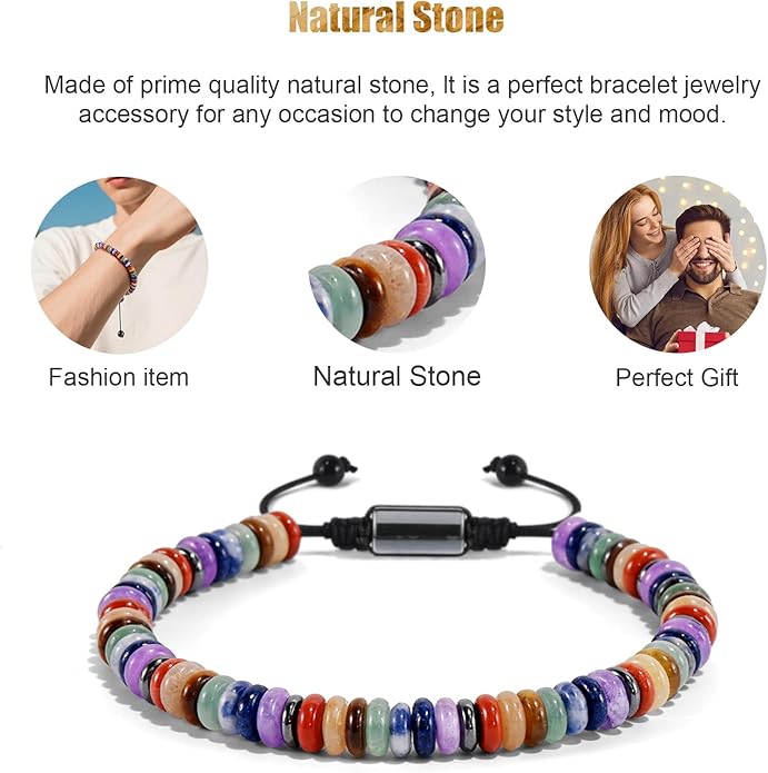 VIBILIA Healing Crystal Bracelets Beaded Bracelets for Men Women Natural Stone Adjustable Bracelets Unique Gifts for Father Son Grandfather Brother Friend