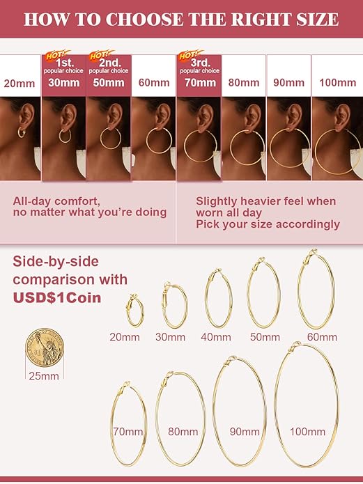 FOCALOOK 14K Gold Plated Lightweight Large Hoops| 2mm Thin Hoop Earrings for Women 30/40/50/70/100mm