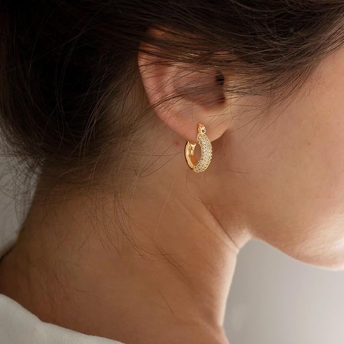 Gold Huggie Hoop Earrings 14K Gold Plated Dainty Chunky Thick Hoop Diamond Cubic Zriconia Inlay Sleeper Tiny Delicate Boho Beach Simple Hypoallergenic Jewelry Gift for Her