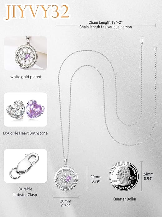 Compass Birthstones Necklace for Women, Exquisite Anniversary Birthday Gifts for Wife Her Double Birthstone Pendant jewelry ‘I'd be Lost Without You’