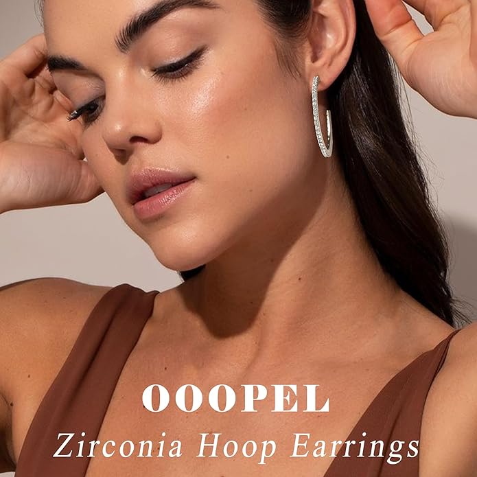 925 Sterling Silver Earrings Large Rhinestone Hoop Earrings Big Cubic Zirconia Hoop Earrings Thin Rhinestones Round Hoop Earrings for Women 20/30/40/50/60/70mm Sparkly Hoops With Crystals for Womens