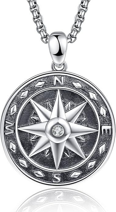 KINGWHYTE Compass Necklace for Men 925 Sterling Silver Birthday Gifts Graduation Travel Jewelry for Husband Brother with Stainless Steel Chain