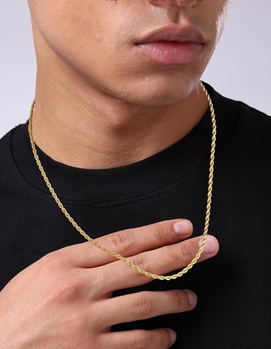 KRKC&CO Rope Chain Necklace for Men, Packaging with Gift Box & Card on Birthday from Mom Dad, 18K / White Gold Plated Chains, Hypoallergenic 316L Stainless Steel, Durable Men Jewelry, 3mm 16-26in